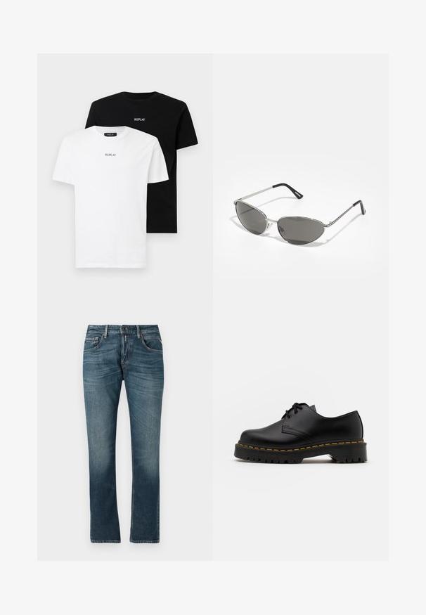 Two cotton t-shirts, one white and one black, each with short sleeves and a round neckline. Both feature "REPLAY" logo in the center.; Blue denim jeans with a straight leg fit, faded wash, five-pocket design, and contrasting stitching. Button and zip fly closure.; Black leather lace-up shoe with a rounded toe, textured rubber sole, and yellow stitching around the base. Flat design and smooth finish.; Sunglasses with a sleek, silver metal frame, gray tinted lenses, and an aerodynamic design featuring pointed edges and thin arms.