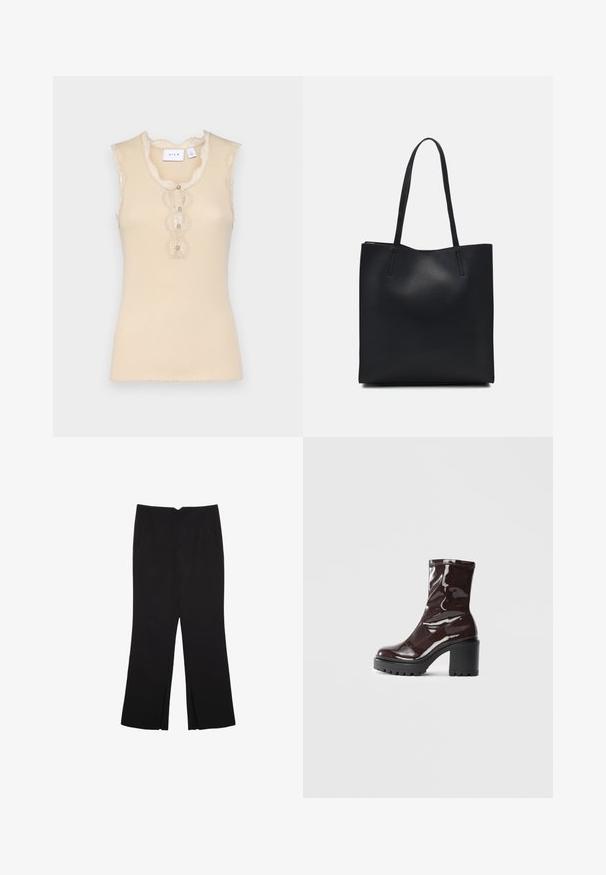 Béžový top bez rukávů s krajkovým lemem, scalloped výstřihem a třemi dekorativními knoflíky vepředu. Hladká textury, měkká látka.; Černé kalhoty s rovným střihem, s předními kapsami a bočními rozparky na lemu. Vyrobené z jemné, hladké tkaniny. Vhodné na různé příležitosti.; Lesklá bordó kotníková bota s masivním černým podpatkem, se hladkým povrchem a jednoduchým designem. Žádné viditelné zapínání ani vzory.; Černá kožená taška přes rameno s hladkým povrchem, obdélníkovým tvarem a dvěma dlouhými uchy. Žádné viditelné kování ani ozdoby.