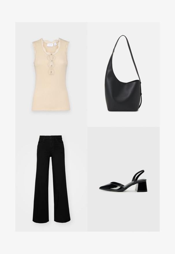 Beige sleeveless top with lace trim, scalloped neckline, and three decorative buttons at the front. Ribbed texture, soft fabric.; Black wide-leg pants made of denim, featuring a structured waistband, belt loops, and front pockets. Smooth texture with a classic design.; Black patent leather slingback heels with a pointed toe and a geometric block heel. Features a sleek, minimal design and smooth texture.; Black leather hobo bag with a smooth texture, curved shape, and single adjustable strap; features a wide opening at the top.
