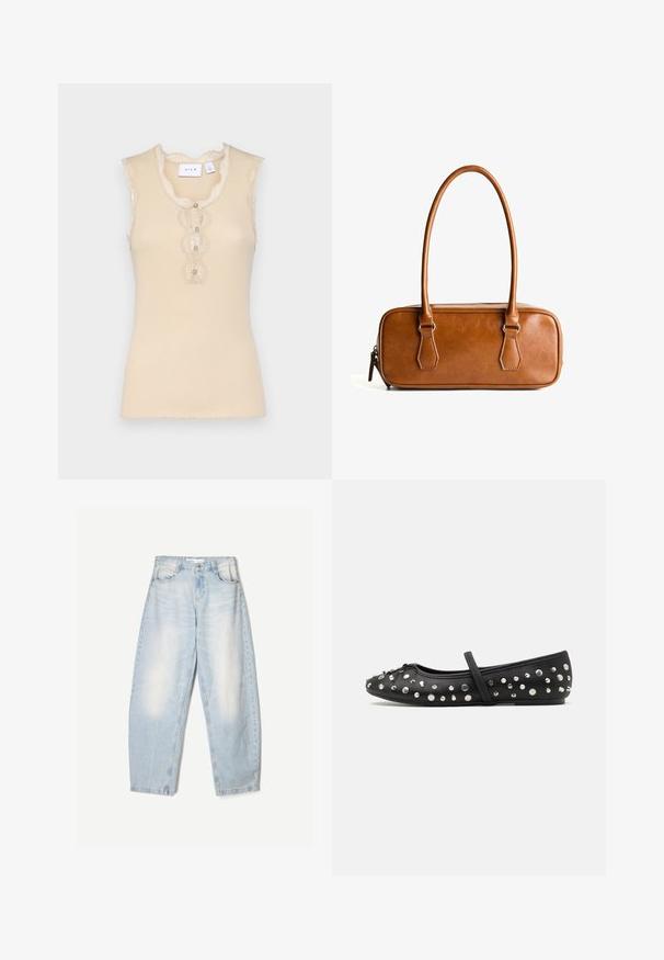 Top bej fără mâneci, cu dantelă la margine, decolteu ondulat și trei butoane decorative în față. Textură rașchită, material moale.; Jeanși din denim albastru deschis, cu o croială lejeră, având un finisaj decolorat, două buzunare frontale și o închidere cu nasture la talie.; Balerini negre din piele, decorati cu strasuri argintii. Include o curea peste glezna și un design cu vârf rotund.; Geantă de umăr din piele maro, cu două mânere lungi, formă rectangulară, textură netedă, închidere cu fermoar și accente din metal de culoare argintie.