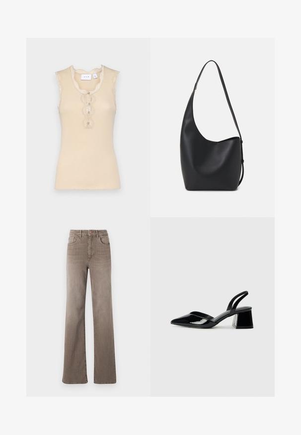 Top bege sem mangas com detalhe em renda, decote ondulado e três botões decorativos na frente. Textura canelada, tecido macio.; Jeans castanhos de cintura alta, de perna reta, com botão frontal, passantes para cinto e design clássico de cinco bolsos em fundo branco.; Sandy em verniz preto com salto slingback, ponta afilada e salto geométrico. Apresenta um design elegante e minimalista com textura suave.; Saco hobo preto em pele com uma textura lisa, forma curva e uma única alça ajustável; apresenta uma abertura larga na parte de cima.