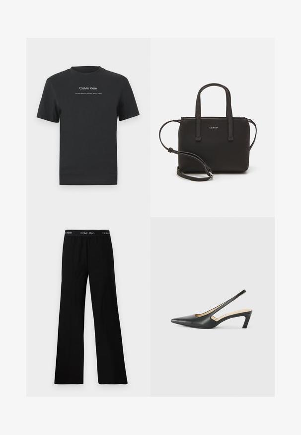 Camiseta de algodón negra con cuello redondo, mangas cortas y logo impreso en blanco de "Calvin Klein" junto con el texto "Establecido en 1968".; Pantalones de pierna ancha negros con una textura suave, con una cintura elástica etiquetada "Calvin Klein" en texto blanco. Diseño minimalista.; Zapato negro de punta afilada tipo slingback con un tacón bajo, que presenta un material de cuero suave y un diseño recortado en el lateral para mayor transpirabilidad.; Bolso de mano negro con dos asas cortas y una correa de hombro removible. Material suave tipo cuero con cierre de cremallera y detalle del logo.