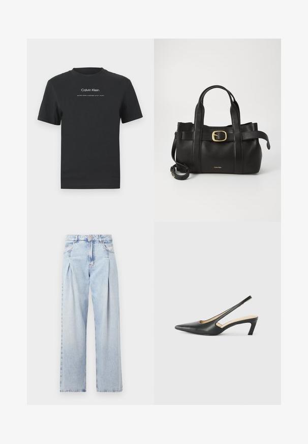 T-shirt in cotone nero con scollo rotondo, maniche corte e logo stampato bianco "Calvin Klein" insieme al testo "Established 1968".; Jeans in denim azzurro chiaro con vita alta, taglio a gamba larga, due tasche laterali e design plissettato. Texture morbida con una finitura sbiadita.; Scarpa slingback nera con punta affilata e tacco basso, realizzata in pelle liscia e con un design a taglio laterale per favorire la traspirabilità.; Borsa a mano in pelle nera con un design strutturato, doppie maniglie superiori, accentuazione in metallo dorato e logo del marchio in rilievo sul davanti.