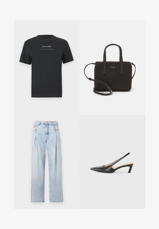 Černé bavlněné tričko s kulatým výstřihem, krátkými rukávy a bílým potiskem loga "Calvin Klein" a textem "Established 1968".; Světlé modré džíny z denimu s vysokým pasem, širokým střihem, dvěma bočními kapsami a nařaseným designem. Měkká textura s vybledlým povrchem.; Černý špičatý slingback s nízkým podpatkem, vyrobený z hladké kůže, s výřezem na boku pro lepší prodyšnost.; Černá kabelka s dvojitými krátkými uchy a odnímatelným ramenním popruhem. Hladký koženkový materiál s uzávěrem na zip a detailem loga.
