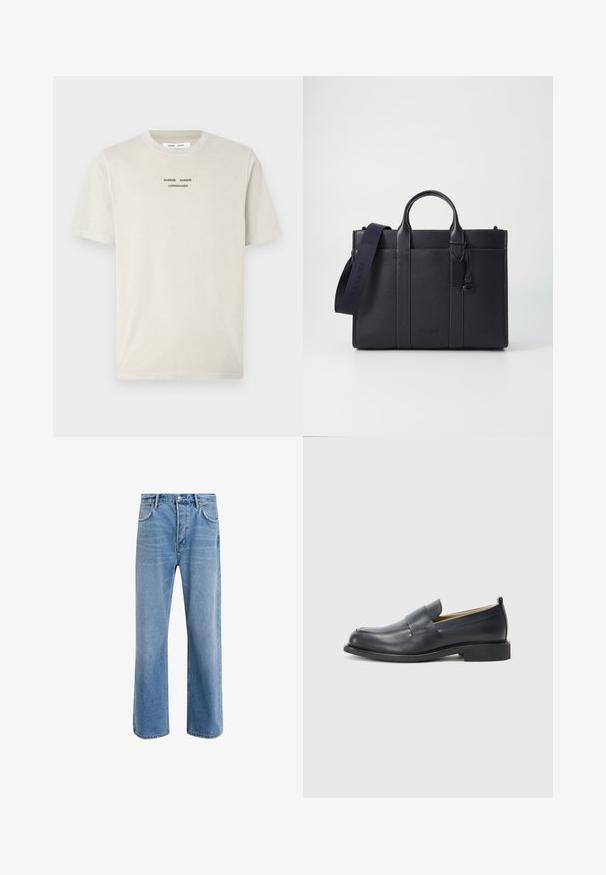 T-shirt en coton beige clair avec des manches courtes, col rond, et texte imprimé noir "SAMSE SAMSØ COPENHAGUE" centré sur la poitrine.; Jeans en denim bleu clair avec une coupe droite, cinq poches, fermeture à bouton, peu d'usure et des détails de couture contrastés.; Mocassins en cuir noir avec une finition lisse, une semelle plate et un bout arrondi, ornés d'une sangle décorative sur le dessus.; Malette en cuir bleu marine foncé avec deux poignées supérieures et une sangle détachable. Présente une finition texturée, des coutures verticales et un détail de logo.