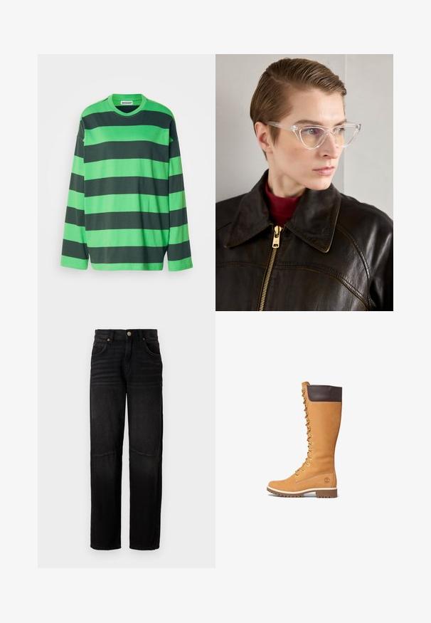 Camisa de manga larga a rayas verde y verde oscuro, hecha de algodón, con un cuello redondo y un diseño de corte recto. Sin acentos ni patrones visibles.; Vaqueros de denim negro con corte recto, estilo de cinco bolsillos, cierre de botón y sutil desgaste en los muslos y las rodillas.; Timberland PREMIUM - Botas con cordones - wheat; Gafas cat-eye de acetato transparente con lentes amarillos, llevadas por una persona con una chaqueta de cuero oscura y un cuello de tortuga rojo. Textura suave.