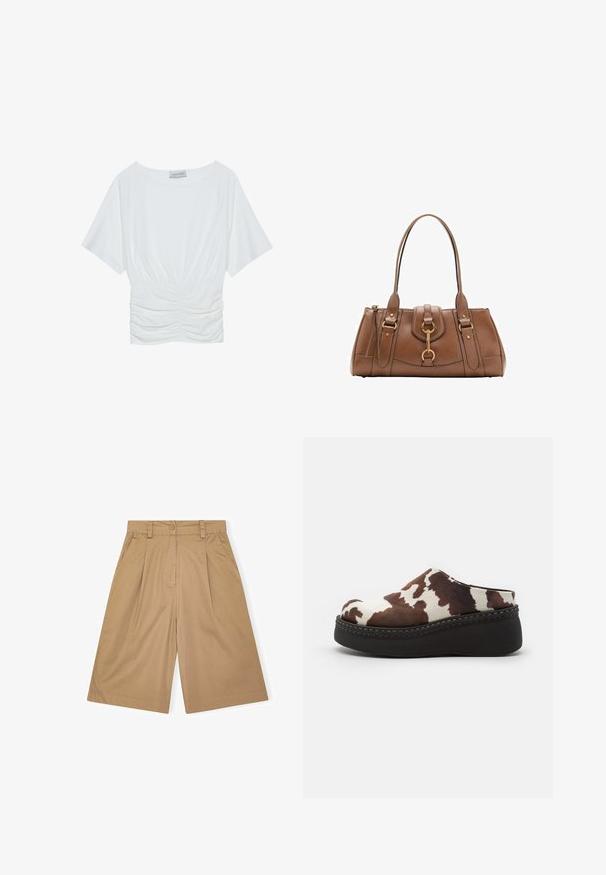 Top bianco a maniche corte con vestibilità comoda, caratterizzato da un design arricciato in vita e una texture di tessuto liscia. Etichetta: Anna Field.; Shorts in cotone beige con vestibilità rilassata, dotati di pieghe, chiusura con bottone e tasche laterali. Tessuto liscio e design alla lunghezza del ginocchio.; Zoccoli a piattaforma con stampa mucca marrone e bianca, con tomaia morbida, punta arrotondata e suola in gomma nera resistente. Dettagli cuciti alla base.; Borsa a mano in pelle marrone con doppi manici, accenti in metallo dorato e design strutturato. Presenta una patta centrale con un dettaglio ad anello.