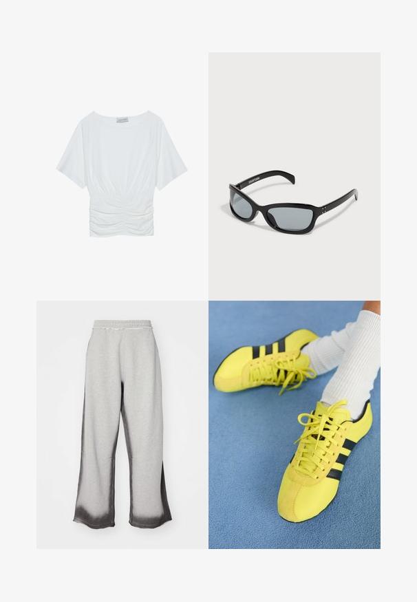 Weißes Kurzarmoberteil mit lockerer Passform, das ein gerafftes Design in der Taille und eine glatte Stofftextur aufweist. Marke: Anna Field.; Graue Sweatpants mit strukturiertem Finish, das einen allmählichen dunkelgrauen Farbverlauf am Saum aufweist, elastischem Bund und weitem Beinschnitt.; Helle gelbe Sportschuhe mit schwarzen Streifen und Schnürsenkeln; besitzen ein strukturiertes Obermaterial und Wildlederakzente. Getragen mit weißen gerippten Socken.; Schwarze Sonnenbrille mit einem eleganten, kantigen Design. Verfügt über graue Gläser und glänzende Kunststoffrahmen. Enthält kleine Metallakzente und Branding am Bügel.; Schwarze Lederhandtasche mit zwei kurzen Griffen, silbernem Zubehör, weißen Akzenten und einem weißen Logo. Verfügt über eine strukturierte Oberfläche und ein kompaktes Design.