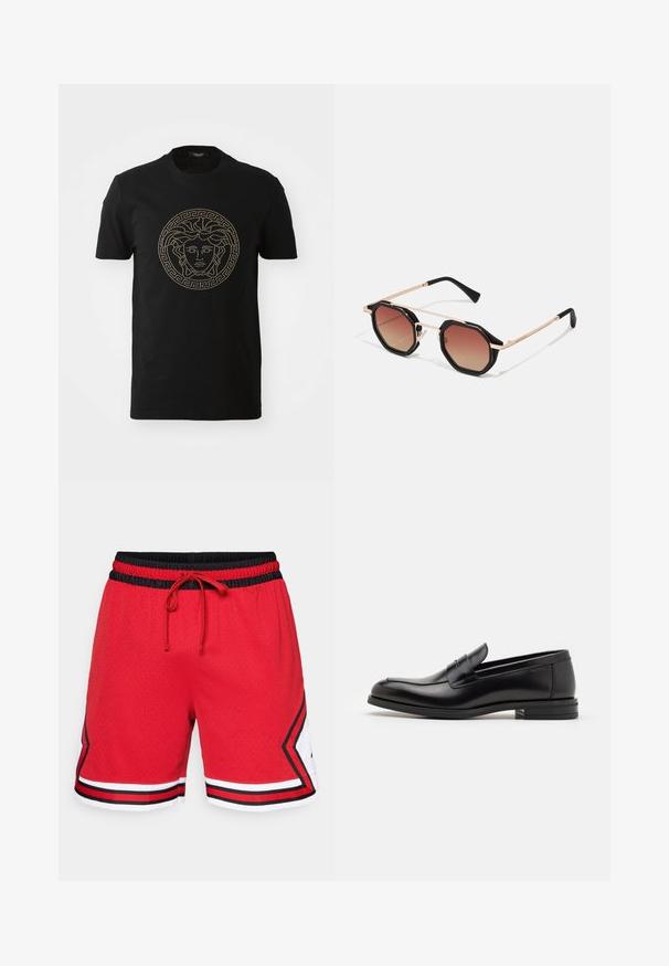 Melnas kokvilnas T-krekls ar metālisku zelta Medūzas logotipu, kas novietots centrā apļa Grieķu atslēgas rakstā. Īsas piedurknes, apaļa kakla dizains.; Sarkanas acs bumbu šortos ar melnu elastīgu jostasvītru, kurai ir saistīts aukliņš, baltie akcenti un melnas-sarkanās svītras gar apakšmalu.; Melnas ādas kurpes ar gludu tekstūru, noapaļu purngalu un dekoratīvu siksniņu pāri priekšpusei. Zems sakrauts papēdis, minimālisma dizains.; Hawkers PIERRE GASLY - Saulesbrilles - gold