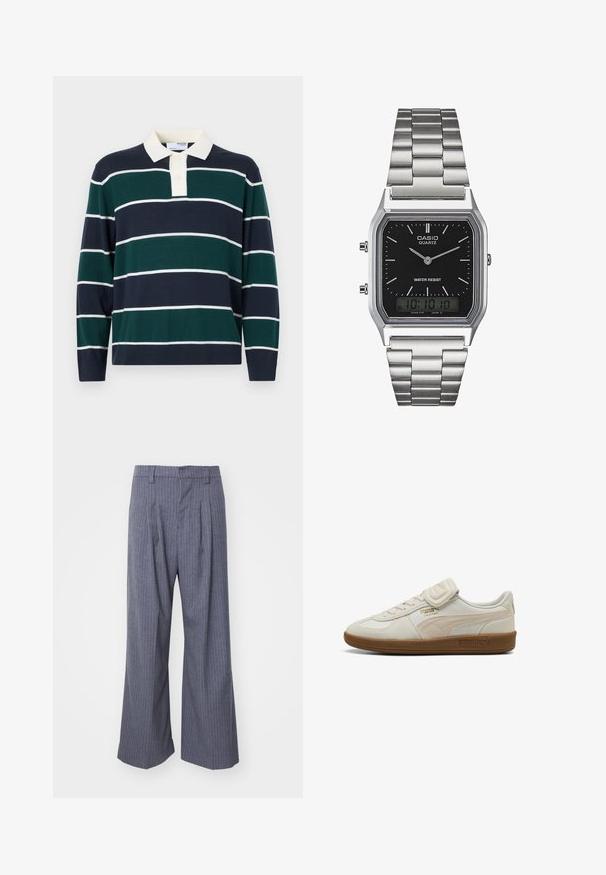 Dryžuota ilgomis rankovėmis polo marškinėliai su tamsiai mėlynomis, žaliomis ir baltomis horizontalinėmis juostelėmis. Turi klasikinį apykaklę ir dviejų mygtukų užsegimą.; Pilkos smailių dryžių kelnės su plačiomis kojomis, priekyje turinčios klostes ir lygaus paviršiaus tekstūrą. Nėra matomų detalių ar akcentų.; Baltos odinės sportbačiai su tekstūruotomis detalėmis, kaučiuko padu ir auksine logotipo detalė. Su šnūrą ir velcro juostele užsegimui.; Sidabrinis nerūdijančio plieno kvarcinis laikrodis su juodu stačiakampiu ciferblatu, turintis analoginius rodykles, skaitmeninį ekraną ir vandeniui atsparumo etiketes.