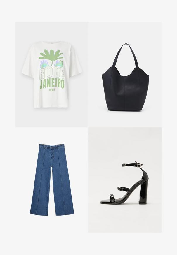 Biela tričko s krátkym rukávom, ktoré zobrazuje zelenú a levanduľovú grafiku s palmami a textom "RIO DE JANEIRO 1995" v tučnom písmene.; Rovné džínsy s širokými nohavicami v strednom modrom odtieni, so zvýšeným pásom, zapínaním na gombík a kontrastnými vertikálnymi švami pozdĺž prednej strany.; Čierne lakované sandále na podpätku so štvorcovou špičkou, navlečenými remienkami okolo členku a striebornými prackami. Disponujú masívnym blokovým podpätkom pre stabilitu.; Čierna taška s dlhým uchom vyrobená z hladkej kože, s oblým otvoreným vrchom a dvoma ramennými popruhmi, minimalistického dizajnu.