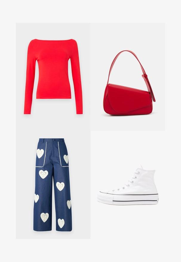 Rotes Langarmoberteil mit einem Bootsausschnitt, aus glattem Baumwollstoff gefertigt. Einfaches Design, figurbetonte Form und einfarbig ohne Muster.; Sister Jane HEART TO HEART - Jeans Straight Leg - blue denim; Weiße hochwertige Leinensneaker mit schwarzer Gummisohle, vorderem Gummizehenschutz und sechs Ösen für Schnürsenkel, die ein sauberes, minimalistisches Design aufweisen.; Rote Lederhandtasche mit einem kantigen, geometrischen Design. Verfügt über einen verstellbaren Schulterriemen und einen Klappenverschluss mit genähten Details.