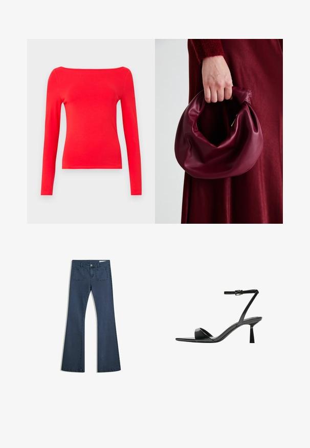 Pulover roșu cu mâneci lungi, decolteu tip barcă, realizat dintr-un material de bumbac neted. Design simplu, formă ajustată și culoare solidă, fără modele.; Jeans din denim de un albastru închis, cu o croială evazată, buzunare cusute, închidere cu nasture și o textură netedă. Are un design clasic cu cinci buzunare.; Bershka Sandale cu toc - black; Geantă de mână din piele burgundă, cu un design moale și pliat și o formă rotundă. Mânerele sunt securizate, evidențiind o textură netedă.
