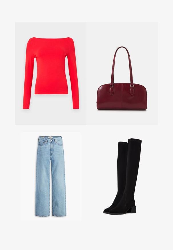 Czerwony longsleeve z dekoltem w łódkę, wykonany z gładkiego materiału bawełnianego. Prosty design, dopasowany krój i jednolity kolor bez wzorów.; Jeansy o wysokim stanie, jasnoniebieskie, szerokie nogawki, z przednim guzikiem i zamkiem błyskawicznym, pętelkami na pasek oraz pięcioma kieszeniami.; Czarne kozaki za kolano wykonane z miękkiego, teksturowanego materiału. Posiadają słupkowy obcas, spiczasty nos i widoczne przeszycia.; Zign MURREN ciemnoczerwony