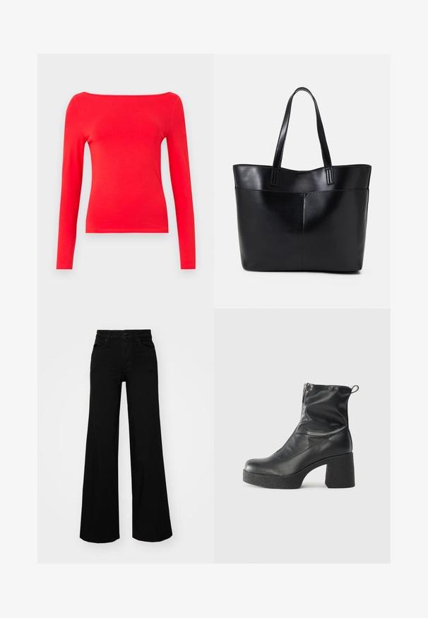 Puna pikkidega särk, millel on kaelus, valmistatud siledast puuvillakangast. Lihtne disain, vormikas siluett ja ühtlane värv ilma mustriteta.; Mustad mustad püksid, mis on valmistatud denimist, struktuurse vöökohtade, vöökootidega ja esikottidega. Sile tekstuur klassikalise disainiga.; Mustad mustad ansapüksid, mis on valmistatud siledast nahast, külje zipperiga, paksu tekstuuriga kontsaga ja ümmarguse nina disainiga.; Must mustaga musta nahast, millel on kaks pikka kanda, sile tekstuur ja struktureeritud kuju. Esipoolsel on lisakoti jaoks tasku.