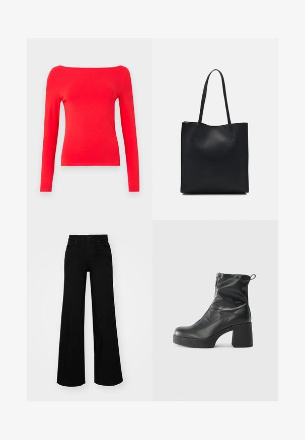 Raudonas ilgomis rankovėmis viršus su plačia apykakle, pagamintas iš lygaus medvilninio audinio. Paprastas dizainas, prigludusi forma ir vientisa spalva be raštų.; Juodos plačios kelnės iš denimo, turinčios struktūruotą juosmenį, diržo kilpas ir priekines kišenes. Lygus paviršius su klasikinio dizaino elementais.; Juodos kulkšninių botai, pagaminti iš lygaus odos, su šoniniu užtrauktuku, masyviu tekstūruotu kulnu ir apvaliu pirštu.; Juodas odinis tote krepšys su lygia tekstūra, stačiakampio formos ir dviem ilgais rankenomis. Matomų metalinių detalių ar puošybos nėra.