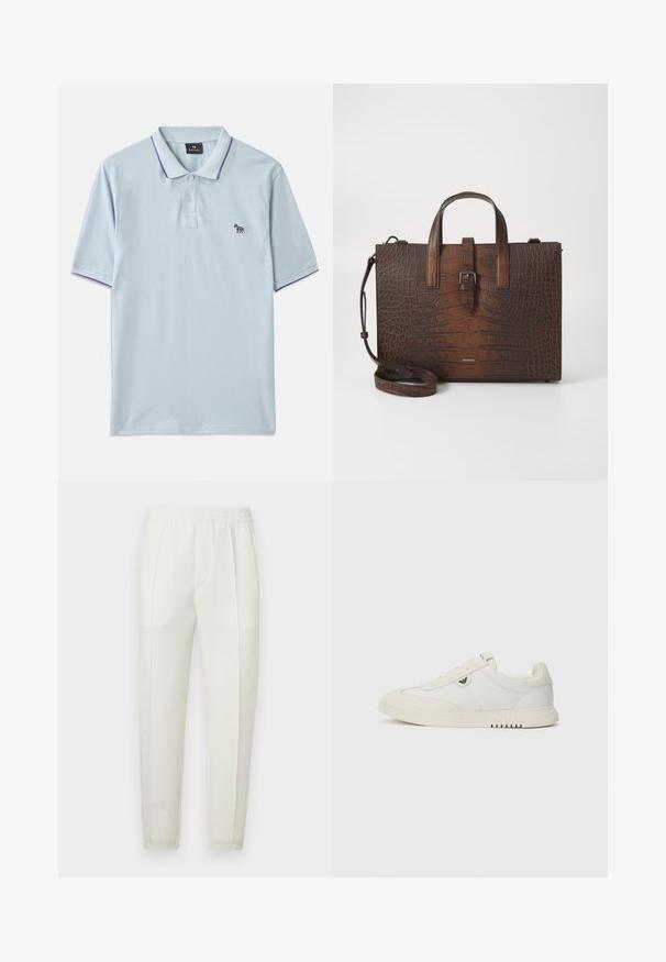 Světle modré polo tričko s fialovými detaily na límci, třemi předními knoflíky a malým vyšitým logem zebry na levém hrudi.; Bílé kalhoty úzkého střihu s elastickým pasem, vybavené dvěma bočními kapsami a hladkou, mírně lesklou texturou.; Nízké bílé tenisky s tkaničkami, hladkou podešví a malým kovovým logem na straně, zobrazené na jednobarevném pozadí.; Hnědá kabelka z krokodýlí kůže s embosováním, s horními uchy a odnímatelným ramenním popruhem. Disponuje sponou na zavírání a obdélníkovým tvarem.