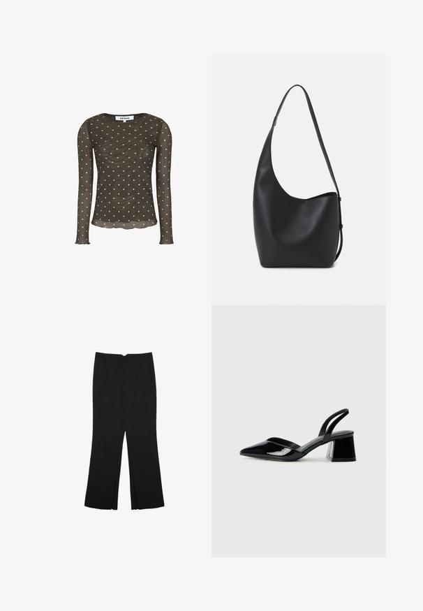 Hnědý top s dlouhými rukávy a průhledným designem, pokrytý bílými puntíky, se zaobleným výstřihem a vykrojeným lemem. Vyroben z lehkého materiálu.; Černé kalhoty s rovným střihem, s předními kapsami a bočními rozparky na lemu. Vyrobené z jemné, hladké tkaniny. Vhodné na různé příležitosti.; Černé lakované kožené lodičky na pásku s špičatou špičkou a geometrickým blokovým podpatkem. Vyznačují se elegantním, minimalistickým designem a hladkým povrchem.; Černá kožená hobo taška s hladkým povrchem, zakřiveným tvarem a jedním nastavitelným popruhem; má široké otevírání nahoře.