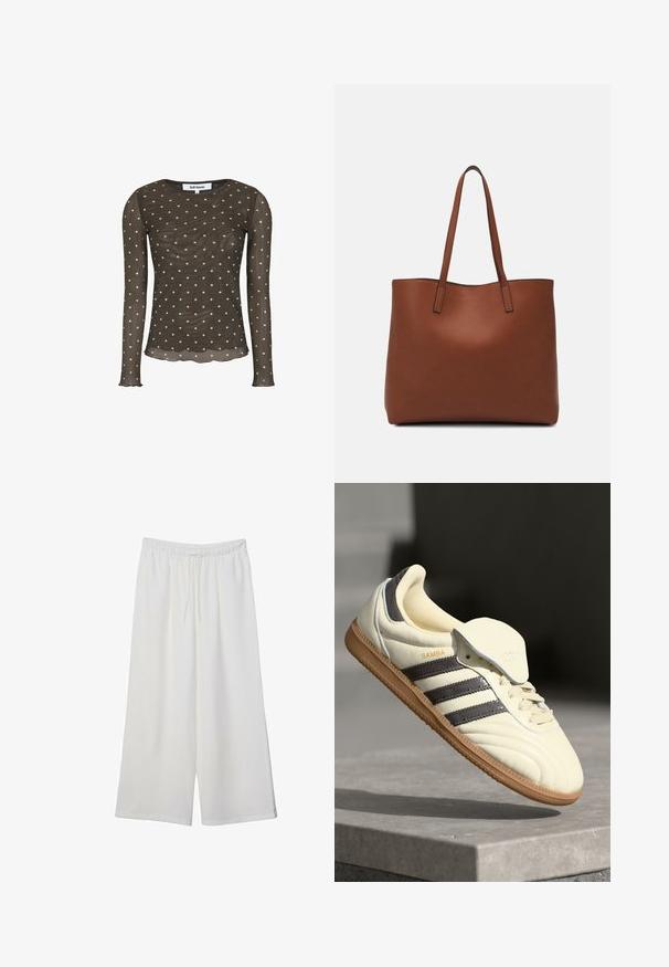 Pitkähihaisessa, läpinäkyvässä ruskeassa paidassa on valkoisia pilkkuja, pyöreä kaula-aukko ja aaltoileva helma. Valmistettu kevyestä kankaasta.; Valkoiset leveälahkeiset housut, jotka on valmistettu kevyestä kankaasta. Niissä on joustava vyötärö ja nauha säädettävää istuvuutta varten. Sileä pinta.; Kreemivärvi nahast tennisekad, millel on kolm tumedat triipu, pruun kummist tald ja ümar varvas. Omab volditavat keelt, millel on silt "SAMBA."; Ruskea nahkainen olkalaukku, jossa on sileä pinta, avoin yläosa ja kaksi olkahihnaa. Omaavat vain minimaalisen ompelun eikä näkyvää metalliosaa.