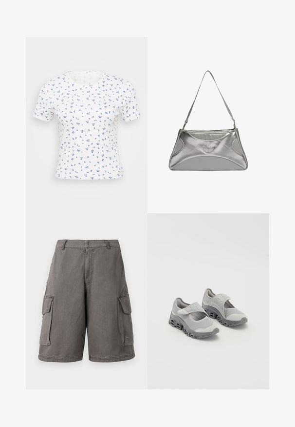 Tricou scurt cu mânecă albă, având un mic imprimeu floral în nuanțe de albastru. Materialul are o textură ribbed și un guler clasic de tip crew.; Pantaloni scurți cargo gri, confecționați dintr-un material durabil, cu buzunare laterale, închidere cu nasture și cusături decorative. Prezintă un logo pe marginea inferioară.; Pantofi ușori gri, cu superior din plasă și talpă intermediară amortizată. Prezintă o curea cu arici și vârf rotunjit cu un design de talpă decupată.; Pătrată argintie metalică cu un design elegant și structurat, având un corp texturat, o curea pentru umăr și un accent cu logo embosat.