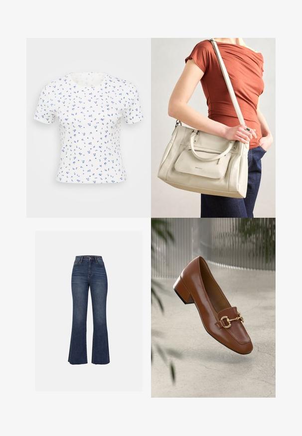 T-shirt branca de manga curta com uma pequena estampa floral em tons de azul. O tecido tem uma textura canelada e um decote redondo clássico.; Anna Field Calças de ganga à boca de sino - blue wash; Sandal com biqueira quadrada em couro patente castanho, com detalhe em corrente metálica e salto bloco baixo; textura suave, design minimalista.; Bolsa de couro branca com alças duplas e uma alça destacável, apresentando um bolso frontal com fecho e textura suave. A bolsa está a ser carregada no braço de uma pessoa.