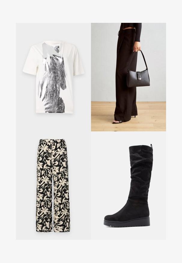 White cotton t-shirt featuring an abstract silver graphic print on the front, round neckline, and short sleeves. Smooth texture.; Black wide-leg pants with a cream floral pattern. Made of lightweight fabric, featuring a smooth texture and a high waistband.; Black suede knee-high boots with a slouched design, rounded toe, and thick platform sole featuring ridged detailing.; Black handbag with structured shape, smooth texture, and a metallic clasp. Paired with wide black pants and open-toe sandals on wooden floor.