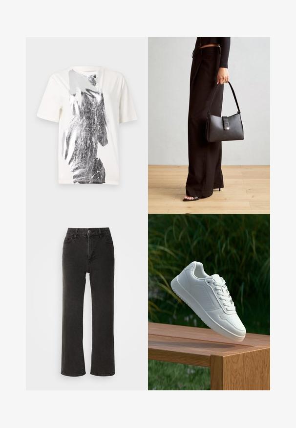 Bijela pamučna majica s apstraktnim srebrnim grafikama na prednjoj strani, okruglim izrezom i kratkim rukavima. Glatka tekstura.; Crne široke traperice, izrađene od denima, s prednjim zatvaranjem na dugme, petljicama za pojas i pet džepova, s malo izblijedjelim dezenom.; Bijela tenisica sa glatkim sintetičkim gornjim dijelom, perforiranim prednjim dijelom, ravnim vezicama i teksturiranom potplatom, prikazana na drvenoj površini.; Crna torba s oblikom koji sadrži strukturu, glađu teksturu i metalnu kopču. Uparena s širokim crnim hlačama i sandalama na otvorenom s drvenog poda.