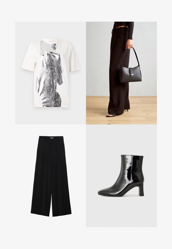 Valkoinen puuvillapaita, jossa on abstrakti hopeinen graafinen kuvitus edessä, pyöreä kaula-aukko ja lyhyet hihat. Sileä pinta.; Mustat leveät housut, joissa on teksturoitu kangas, joustava vyötärö ja irrotettava nauha vyötäröllä säädettävää istuvuutta varten.; Musta patenttilakattu nilkkuri, jossa on terävä kärki ja keskipitkä lohkarekorko. Silkkinen pinta ja minimalistinen muotoilu.; Musta käsilaukku, jossa on rakenteellinen muoto, sileä pinta ja metallinen solki. Yhdistetty leveisiin mustiin housuihin ja avonaiheisiin sandaaleihin puulattialla.