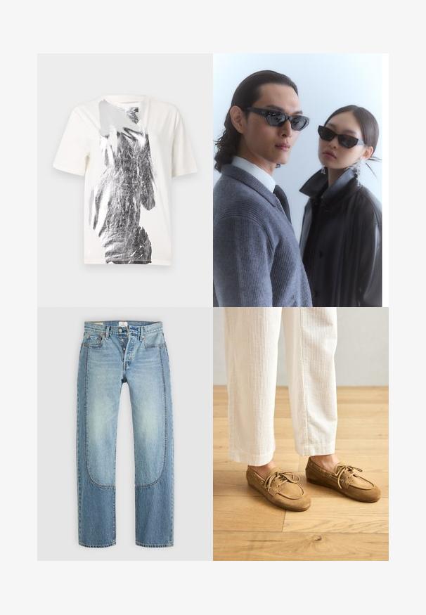 White cotton t-shirt featuring an abstract silver graphic print on the front, round neckline, and short sleeves. Smooth texture.; Light blue denim jeans with a straight, loose fit, featuring contrasting panel details and a five-pocket design. Button fly closure.; Brown suede boat shoes with laces, featuring a rounded toe and stitched accents. Worn with white corduroy pants in a wooden setting.; Sunglasses with angular black frames on model with a gray sweater, showcasing textured knit and a black leather jacket worn by another model.