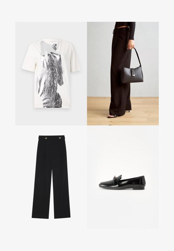 Biała bawełniana koszulka z okrągłym dekoltem i krótkimi rękawami, z abstrakcyjnym srebrnym nadrukiem z przodu. Gładka faktura.; Czarne szerokie spodnie z wysokim stanem, z detalami w postaci guzików na pasku oraz plisami z przodu.; Czarne lakierowane loafery z płaską podeszwą, zaokrąglonym noskiem i dekoracyjnym paskiem z złotym akcentem. Gładkie, błyszczące wykończenie.; Czarna torebka o usztywnionym kształcie, gładkiej fakturze i metalowym zapięciem. Połączona z szerokimi czarnymi spodniami i sandałami na otwartym palcu na drewnianej podłodze.