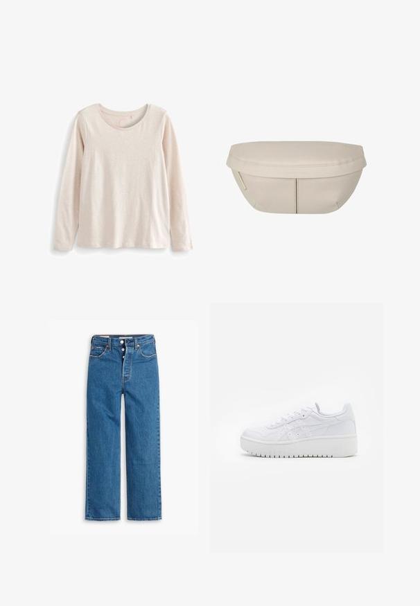 Next STANDARD - Langarmshirt - oatmeal; Blaue Denim-Jeans mit geradem Bein, hoher Taille, fünf Taschen und Knopfverschluss. Auffällige Nähte und Nieten in Kupferfarbe.; Weiße Plattform-Sneaker aus glattem Leder mit perforierten Details und flachen Schnürsenkeln; ausgestattet mit einer dicken weißen Gummisohle.; Beiger Stoffbeutel mit runder Form, flacher Oberseite und subtilen Nahtdetails. Enthält ein minimalistisches Logo und einen Seitengurt.