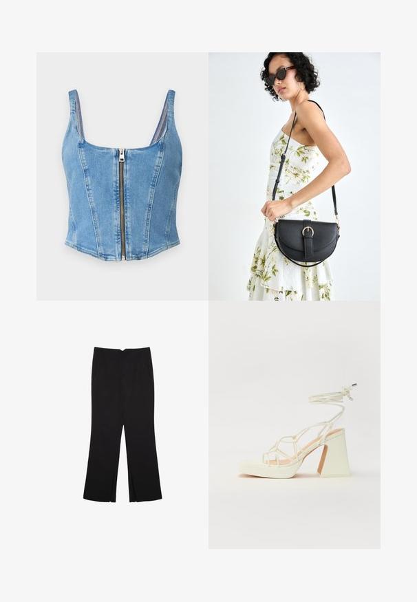 Denim kratka majica v svetlo modri barvi z okroglim izrezom, strukturiranimi šivi in sprednjim zadrgo. Gladka tekstura z oprijeto silhueto.; Črne hlače ravnega kroja z naglavnimi žepi in stranskimi razporki na robu. Narejene iz mehke, gladke tkanine. Primerne za različne priložnosti.; Bela sandala na visokih petah s debelim petam, ki ima obliko trakcev in vezanje okoli gležnja. Gladka tekstura z platformo spredaj za dodatno višino.; Črna usnjena torbica s ukrivljeno obliko, z odstranljivo naramnico in zlatimi dodatki. Torbica ima pokrov s podrobnostmi v obliki zaponke.