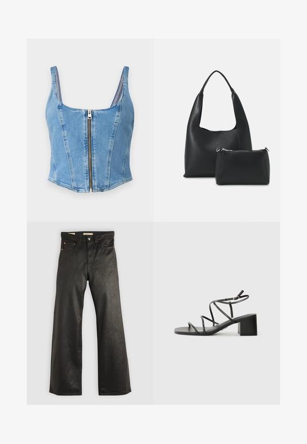 Denim crop top v světle modré barvě s kulatým výstřihem, strukturovanými švy a předním zipem. Hladký materiál s přiléhavým střihem.; Černé džíny s širokými nohavicemi a hladkým povrchem, obsahující pět kapes a detaily z měděného tónu. Klasické zapínání na knoflík.; Černé sandály na podpatku se čtveratou špičkou a masivním podpatkem, vyrobené z hladkého materiálu. Mají nastavitelné pásky kolem kotníků a minimální kovové prvky.; Even&Odd Kabelka - black