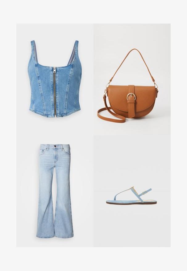 Denim crop top in light blue with a scoop neckline, structured seams, and a front zipper closure. Smooth texture with a fitted silhouette.; Light blue flared jeans, featuring a high waist, denim fabric, five pockets, and a button closure. The legs are wide and have a slightly faded finish.; Blue denim flat sandal with a T-strap design, adjustable ankle strap, and a brown sole. Features a simple buckle accent.; Brown leather crossbody bag with a curved shape, gold hardware, and a buckle accent. Features a detachable shoulder strap.