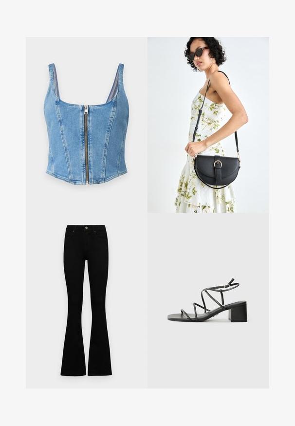 Top corto de denim en azul claro con escote redondeado, costuras estructuradas y cierre de cremallera en el frente. Textura suave con silueta ajustada.; Jeans negros de cintura alta con cierre de botón y cremallera, bolsillos frontales y piernas acampanadas, dispuestos sobre un fondo blanco.; Sandalias negras con tiras y tacón ancho, de punta cuadrada, hechas de material suave. Cuentan con correas ajustables en el tobillo y un hardware mínimo.; Bolso de piel negra con forma curva, correa desmontable y herrajes dorados. El bolso cuenta con una solapa con un detalle de hebilla.