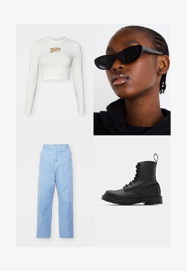 Bela dolgimi rokavi skrajšana majica iz gladke tkanine, z zlatim odtisom Nike logotipa na prsih in klasičnim okroglim izrezom.; Svijetloplave traperice s ravnim nogavicama, zatvaranjem na dugme i prednjim džepovima. Tkanina ima suptilnu teksturu s glatkom završnom obradom.; Črne usnjene vojaške škornje s okroglo konico, z vezalkami spredaj in z zanko na gležnju. Imajo debele gumijaste podplate za dolgo življenjsko dobo.; Črne mačkaste sončna očala z mat površino, ki se ponašajo s prefinjenim dizajnom in rahlo ukrivljenimi robovi, nastavljene ob modelovih temnih oblačilih.; Srebrni obroči za ušesa z gladko, polirano površino. Okrogla oblika in varna zaponka s klikom. Lahka zasnova, primerna za vsakodnevno nošenje.