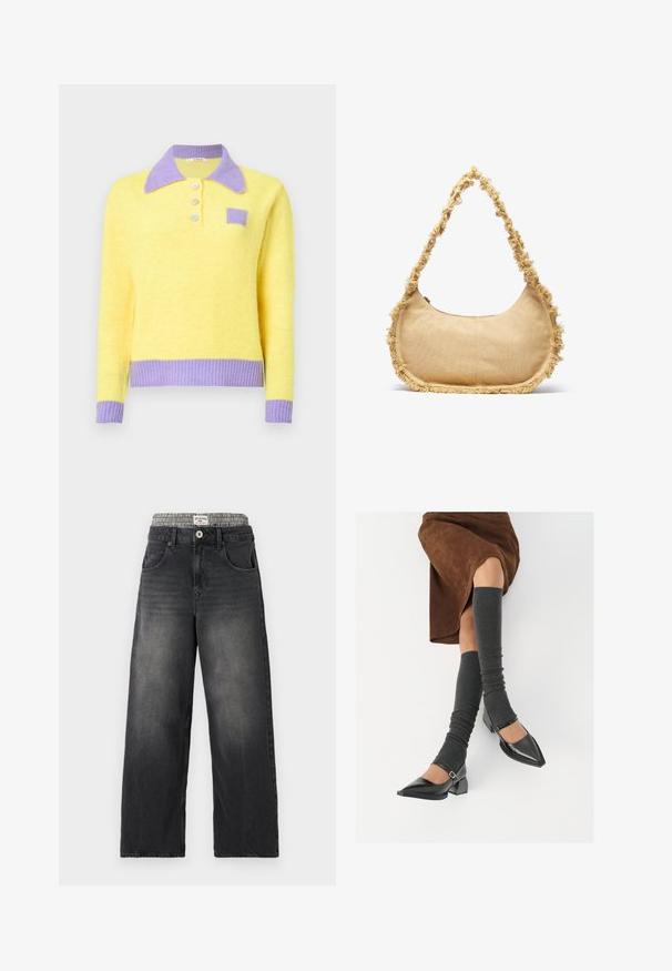 Pull en maille jaune avec un col et des poignets lavande, doté de trois boutons et d'un petit patch carré violet à l'avant.; Jeans large en denim noir avec une ceinture à motif pied-de-poule. Comprend des poches avant et une fermeture à bouton. Texture déchirée.; Chaussures à bout pointu en cuir verni noir avec un talon bloc et une bride à la cheville, accompagnées de jambières en maille grise et d'une jupe en daim marron.; Sac beige texturé de forme arrondie, avec un bord effiloché tout le long des bords et une courte sangle pour le porter. Ouverture zippée en haut.