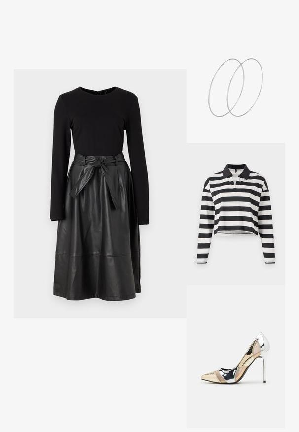 Kratka majica s dolgimi rokavi polo v črno-belem črtastem vzorcu z črnim ovratnikom in delno zapenjanjem. Mehka bombažna tkanina.; Črna dolga majica s sleeves, v kombinaciji s črno krilo iz umetnega usnja, ki ima zavezan pas in gladko, sijočo teksturo.; Čevlji z visoko peto in konico, v barvni kombinaciji srebrne, zlate in nude. Sijajna obdelava z izrezljanim dizajnom, z igličasto peto.; Srebrna kovinska torbica z mehko, zaobljeno obliko in zavezano zgornjo zaporo. Narejena iz gladkega umetnega usnja.; Srebrne uhane v obliki obroča z minimalističnim dizajnom. Krožna oblika, gladka tekstura in tanek profil. Lahki s poliranim zaključkom.