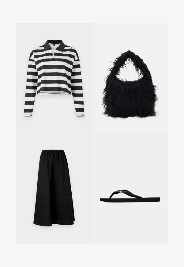Gestreiftes, schwarz-weißes, kurzärmeliges Polohemd mit langen Ärmeln, schwarzem Kragen und einer teilweisen Knopfleiste zum Verschließen. Aus weichem Baumwollstoff.; Schwarzer, knielanger Rock aus leichtem Material mit elastischem Bund und entspannter, A-Linien-Silhouette. Hat keine sichtbaren Muster.; Schwarze Gummi-Flip-Flop-Sandale mit einem strukturierten Riemen und einfacher flacher Sohle, von der Seite auf einem schlichten hellen Hintergrund dargestellt.; Even&Odd Shopping Bag - black