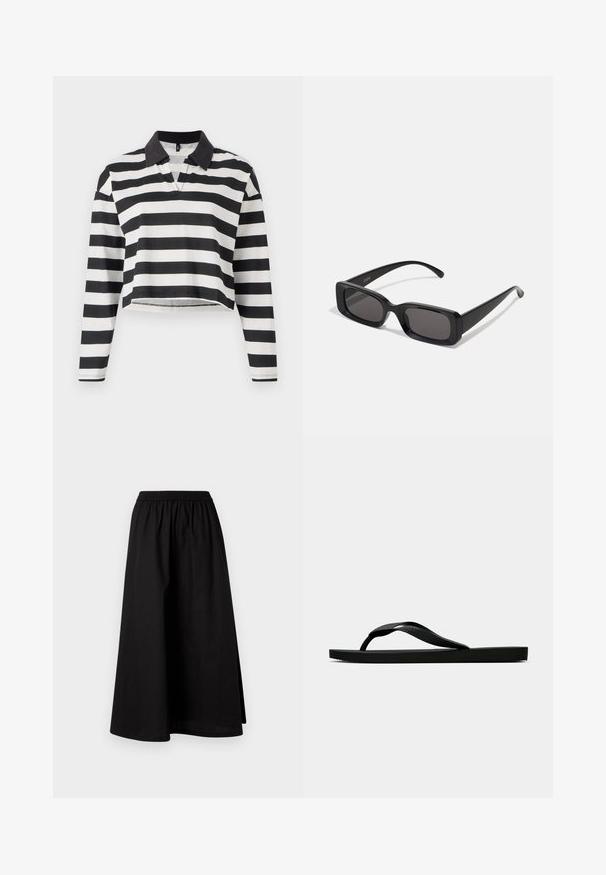 Camisa polo de manga longa cropped com riscas pretas e brancas, gola preta e uma abertura parcial para fecho. Tecido de algodão suave.; Saia preta, até ao joelho, feita de material leve, com cintura elástica e uma silhueta A-line descontraída. Não apresenta padrões visíveis.; Chinelo de borracha preta com uma tira texturada e sola plana simples, mostrado de lado num fundo claro.; Óculos de sol retangulares pretos com lentes escuras, acabamento brilhante, braços largos e um design de armação robusto. Nome da marca gravado em um dos braços.