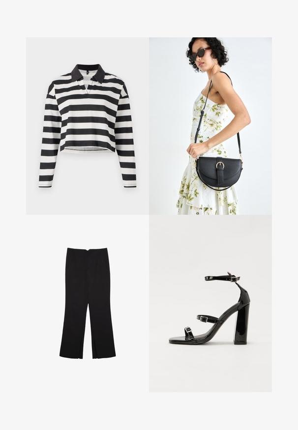 Czarny i biały pasiasty krótki rękaw polo z długim rękawem, z czarnym kołnierzykiem i częściowym zapięciem. Miękka bawełniana tkanina.; Czarne spodnie o prostym kroju, z przednimi kieszeniami i bocznymi rozcięciami na dole. Wykonane z miękkiego, gładkiego materiału. Odpowiednie na różne okazje.; Czarne lakierowane sandały na obcasie z kwadratowym noskiem, z paskami wokół kostki i srebrnymi klamrami. Posiadają masywny słupek dla stabilności.; Czarna skórzana torebka o zakrzywionym kształcie, z odpinanym paskiem i złotymi akcentami. Torebka posiada klapę z zapięciem w kształcie klamry.