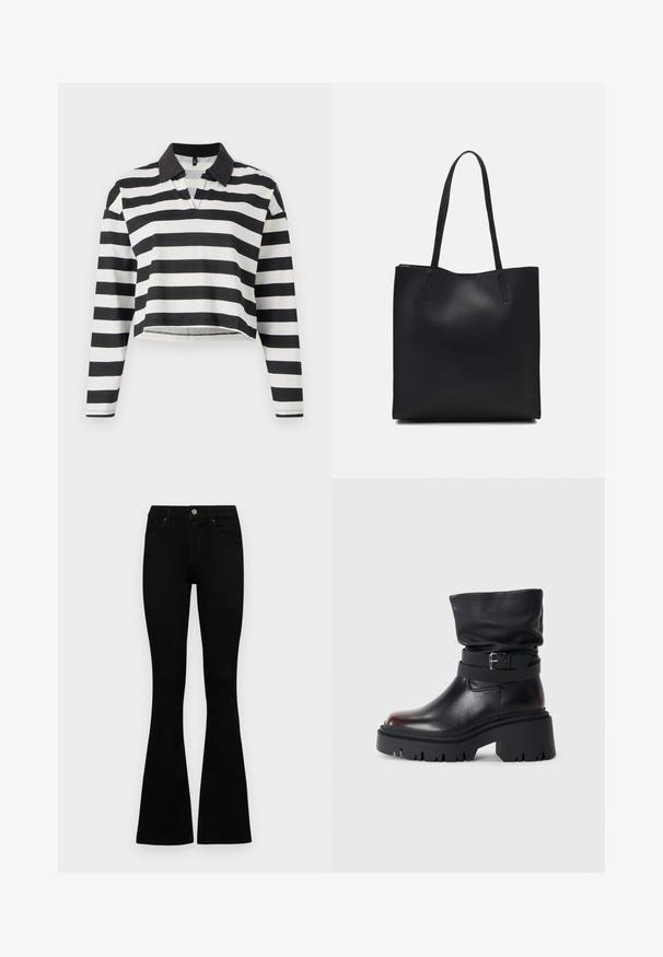 Kratka majica s dolgimi rokavi polo v črno-belem črtastem vzorcu z črnim ovratnikom in delno zapenjanjem. Mehka bombažna tkanina.; Črne visokotopne kavbojke z gumbom in zadrgo, sprednjimi žepi in razširjenimi hlačnicami, poleg bel background.; Črne usnjene gležnjarje s sproščenim zgornjim delom, podrobnostjo z zaponko in debelim, robustnim podplatom. Imajo okroglo konico in gladko teksturo.; Črna usnjena torba s svilnato teksturo, pravokotne oblike in dvema dolgima ročajema. Brez vidnih metalnih delov ali okrasnih elementov.