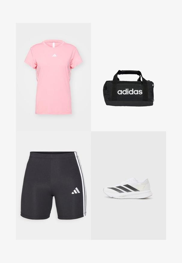 adidas Performance T-skjorte til trening - semi pink spark/white; Svarte treningsshorts laget av elastisk stoff, med hvite sidestroppene og et Adidas-logo på den nederste høyre benet. Glatt tekstur.; Hvit sportssko med svarte diagonale striper, mesh-overdel, rund tå og teksturert såle. Detaljene inkluderer en sølvfarget hæl og minimalistisk design.; Svart duffelbag med hvit Adidas-logo, laget av slitesterkt stoff. Har to håndtak og glidelås. Teksturet overflate med forsterket bunn.