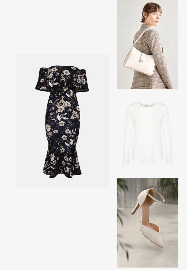 Maglietta bianca a maniche lunghe con scollo rotondo. Realizzata in tessuto liscio con una forma aderente. Etichetta visibile al collo. Nessun motivo o dettaglio.; Abito maxi off-the-shoulder in navy con motivo floreale bianco e oro. Silhouette aderente con orlo svasato, realizzato in tessuto morbido e elasticizzato.; Scarpa bianca con tacco alto in materiale liscio, con punta affilata e cinturino alla caviglia. Presenta un interno color beige chiaro e dettagli in metallo dorato.; Borsa a mano in pelle bianca con un design strutturato, presente di un clasp magnetico e una tracolla, esposta su uno sfondo neutro.