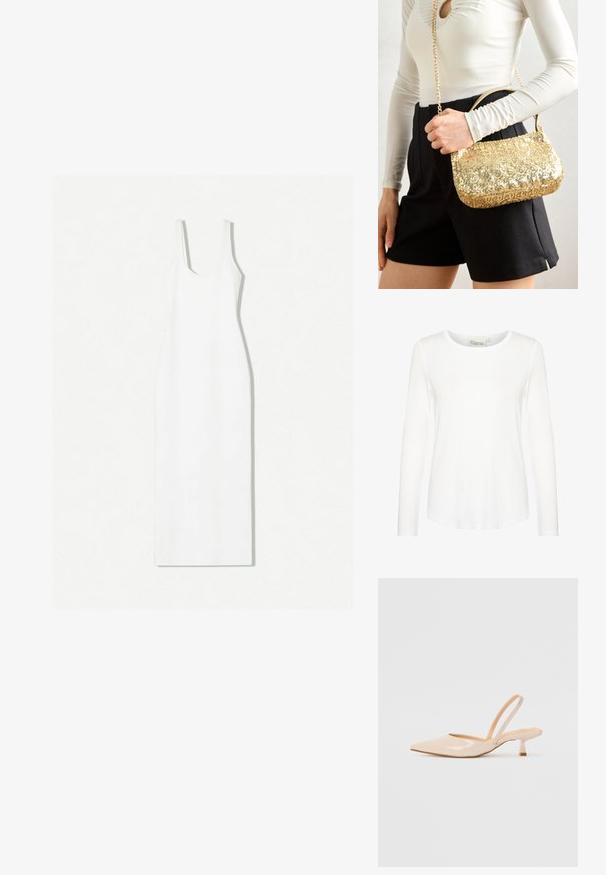 Weißes langärmliges Oberteil mit Rundhalsausschnitt. Aus glattem Stoff und figurbetontem Schnitt gefertigt. Etikett am Hals sichtbar. Keine Muster oder Akzente.; Weißes ärmelloses Kleid mit rundem Ausschnitt, taillierter Silhouette und knöchellangem Saum. Hergestellt aus glattem Stoff mit minimalistischem Design.; Beige Lackleder Slingback-Pumps mit spitzem Vorderteil und einem schlanken, quadratischen Absatz. Glatte Textur und minimalistisches Design ohne Verzierungen.; Goldfarbene Paillettenhandtasche in rechteckiger Form, mit einem kurzen Griff und einem langen Kettenriemen. Die Textur ist glänzend und reflektierend.