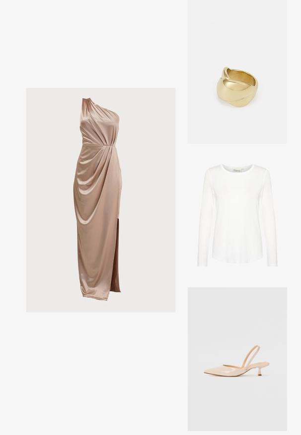 Weißes langärmliges Oberteil mit Rundhalsausschnitt. Aus glattem Stoff und figurbetontem Schnitt gefertigt. Etikett am Hals sichtbar. Keine Muster oder Akzente.; WAL G PETITE MINAH ONE SHOULDER DRESS - Cocktailkleid/festliches Kleid - champagne; Beige Lackleder Slingback-Pumps mit spitzem Vorderteil und einem schlanken, quadratischen Absatz. Glatte Textur und minimalistisches Design ohne Verzierungen.; Goldfarbene metallische Clutch mit einer glatten Textur und einem dreieckigen Klappenverschluss. Die Hand, die sie hält, hat ordentlich manikürte Nägel.; Goldfarbener Ring mit einem glatten, gedrehten Design. Er verfügt über eine polierte Oberfläche und abgerundete Kanten, die eine nahtlose, fließende Form erzeugen.