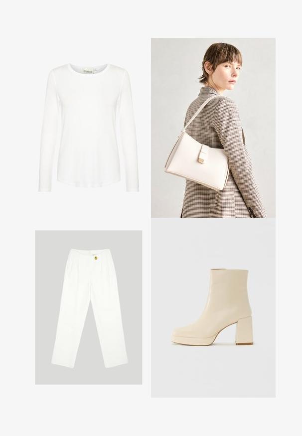 Valge pika varrukaga särk ümmarguse kaelusega. Valmistatud siledast kangast, keha lähedane lõige. Sildiga kaelas. Ei ole mustreid ega aktsente.; Valged, laiad püksid, mis on valmistatud siledast kangast. Omavad ühte kollast nööbi kinnitust ja volditud esid. Nähtavaid taskuid ei ole.; Beige nahkaste kõrged saapad plokknõelaga ja platvormpõhjaga, siledat viimistlust ja kergelt ruudukujulist varvatoe, vasakul valgel taustal.; Valge nahast käekott struktureeritud disainiga, millel on magnetlukk ja õlavarre rihm, esitletud neutraalse tausta ees.