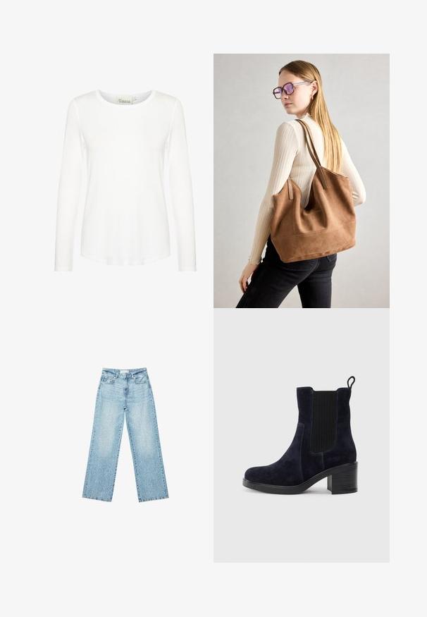Biała bluzka z długim rękawem i okrągłym dekoltem. Wykonana z gładkiego materiału o dopasowanym kroju. Metka widoczna przy szyi. Brak wzorów lub akcentów.; Jasnoniebieskie jeansy z szerokimi nogawkami i wysokim stanem, z lekko wybledzonym wykończeniem i drobnymi, rozproszonymi przetarciami.; Granatowo-niebieski zamszowy botek za kostkę z elastycznym bocznym panelem, zaokrąglonym noskiem i słupkowym obcasem. Teksturalna tkanina i gładka podeszwa dodają kontrastu.; Brązowa torebka typu tote wykonana z zamszu o miękkiej teksturze, z dużym otwarciem i długimi paskami. Charakteryzuje się prostym designem z widocznymi szwami i bez elementów metalowych.
