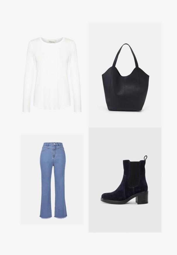 Weißes langärmliges Oberteil mit Rundhalsausschnitt. Aus glattem Stoff und figurbetontem Schnitt gefertigt. Etikett am Hals sichtbar. Keine Muster oder Akzente.; Hellblaue, ausgestellte Jeans aus Denim mit hoher Taille, Vorderseiten-Taschen, Reißverschluss und rohem Saum am unteren Ende.; Schnürstiefelette aus dunkelblauem Wildleder mit elastischem Seitenpanel, runder Spitze und Blockabsatz. Das strukturierte Material und die glatte Sohle sorgen für Kontrast.; Schwarze Tote-Bag aus glattem Leder, mit einem abgerundeten, offenen Oberteil, zwei Schulterträgern und einem minimalistischen Design.