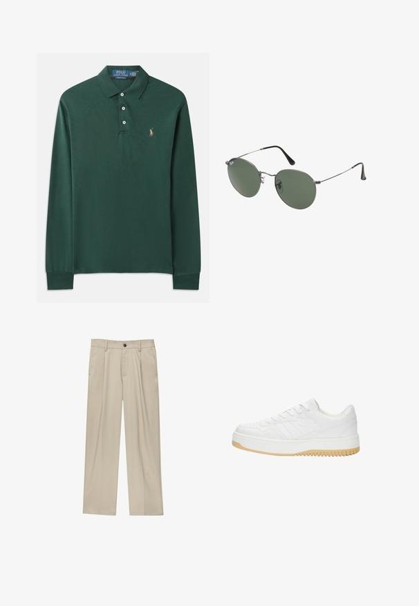 Polo à manches longues de couleur vert foncé en coton, doté d'un col, d'une patte de boutonnage à trois boutons et d'un petit logo brodé sur la poitrine.; Pantalon beige à coupe droite, doté d'un seul bouton noir, de passants de ceinture et de poches latérales. Texture de tissu lisse et design minimaliste.; Baskets blanches en cuir avec une finition texturée, dotées d'une semelle en caoutchouc, d'un design à lacets et de accents de rayures subtils sur les côtés.; Lunettes de soleil en métal avec des verres ovales verts. Monture en métal argenté mince et embouts d'oreille noirs. Design minimaliste, sans logos visibles.